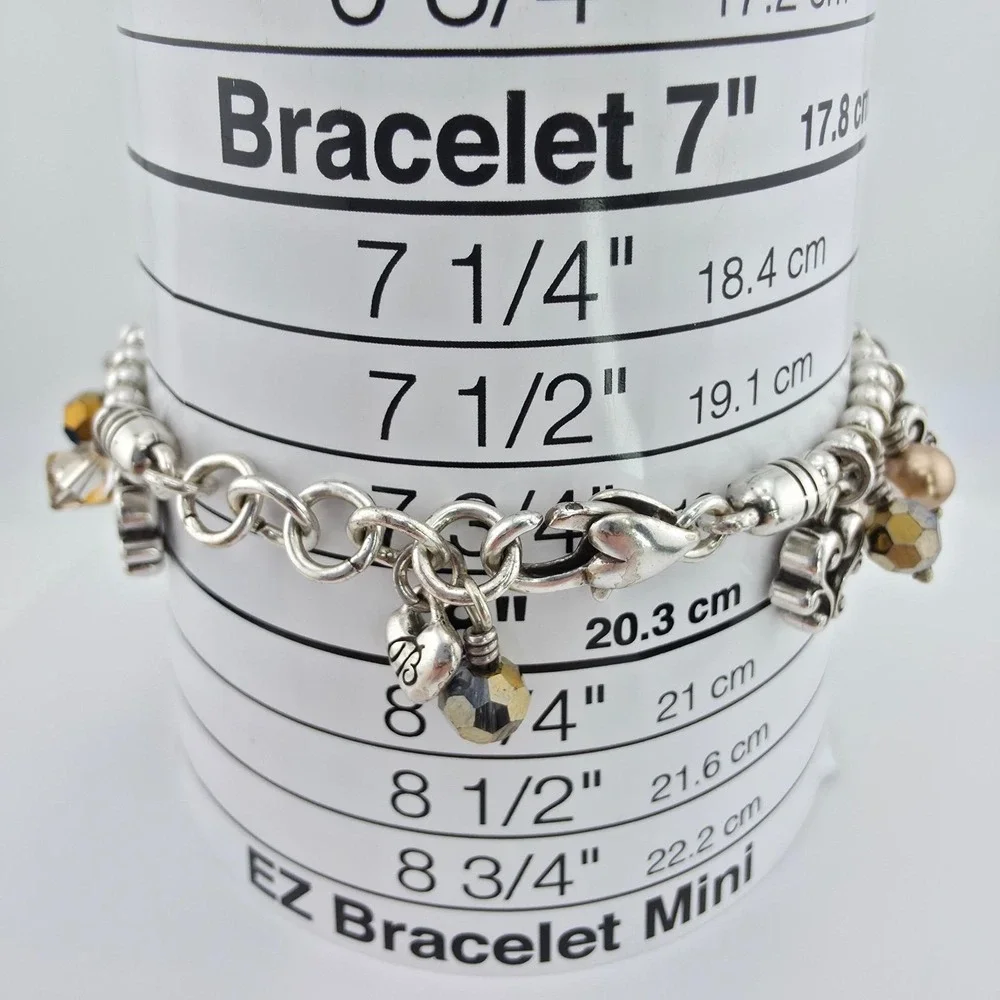 BRIGHTON 'Cannes' Bracelet Heart Crystal Fringe Charm Scroll Silver Plate 7.75